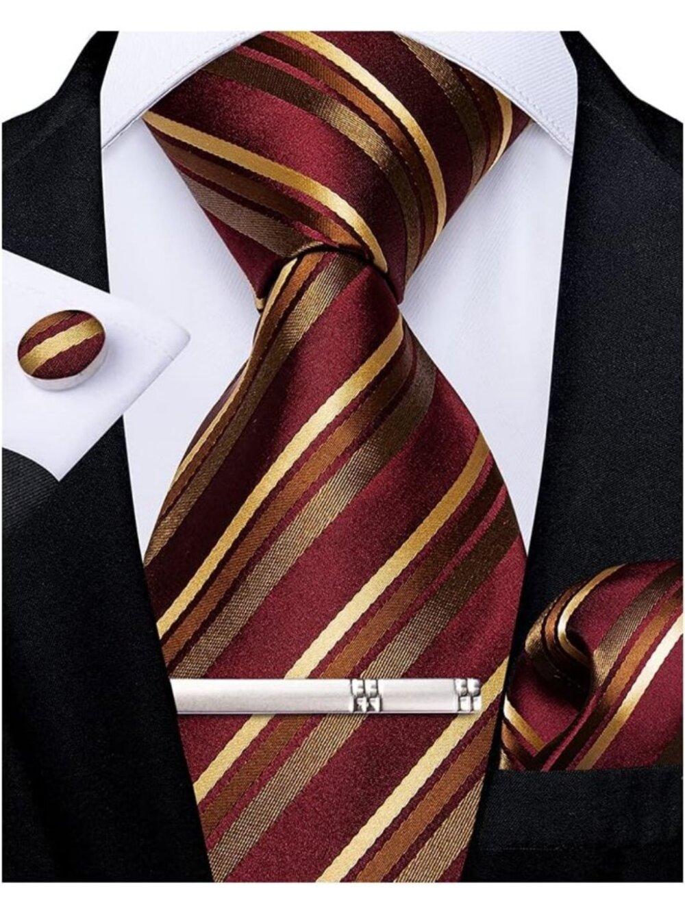 Men's Silk Striped Tie Set with Pocket Square & Cufflinks - Formal Wedding Gift